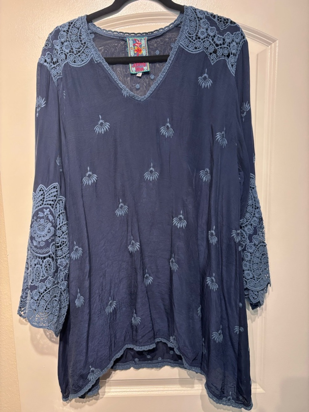 Johnny Was Navy Tunic with Light Blue Lace Embroidery